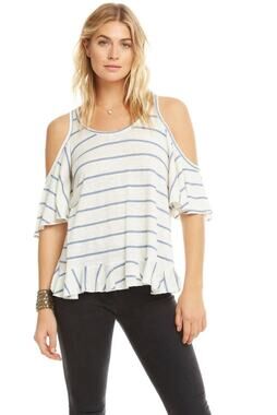 Chaser  Linen Jersey Ruffle Vent Open Back Cold Shoulder Striped Tee -M